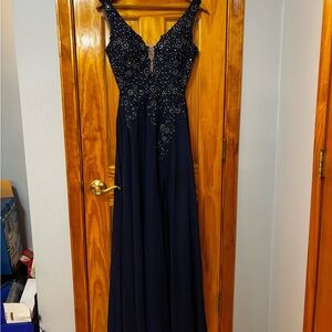 Stacy Sklar Navy Beaded V-Neck Maxi Dress